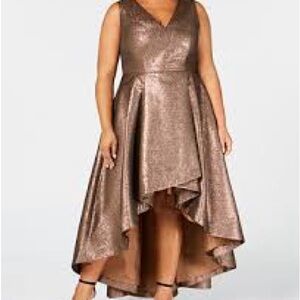 Calvin Klein Metallic Bronze High-Low V-Neck Dress